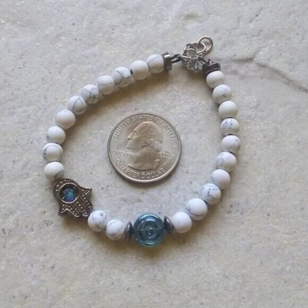 Hamsa Hand ~ Blessing Bracelet! Blue Crystal + Rose Beads & Howlite + Gunmetal